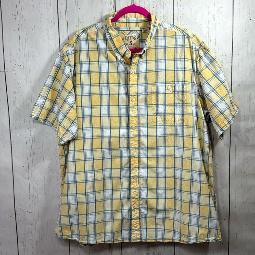 RedHead Brand Co Mens Plaid Casual Yellow Shirt Short Sleeves Pocket Cotton